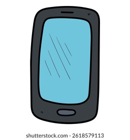 Handgezeichnetes Cartoon, graues Mobiltelefon oder Smartphone einzeln auf weißem Hintergrund. Vektorgrafik.