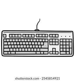 Hand drawn cartoon gray wired computer keyboard isolated on white background. Vector illustration.