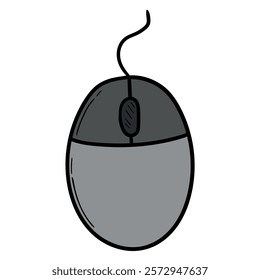 Hand drawn cartoon gray wired computer mouse isolated on white background. Vector illustration.