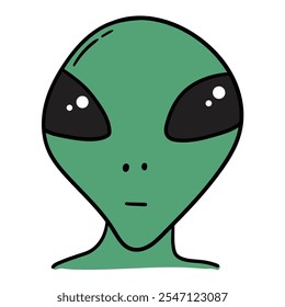Hand drawn cartoon green alien face isolated on white background. Vector illustration.