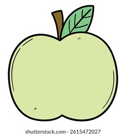 Hand drawn cartoon green apple with green leaf isolated on white background. Vector illustration.