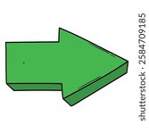 Hand drawn cartoon green arrow pointing right isolated on white background. Vector illustration.