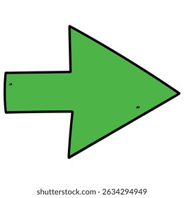 Hand drawn cartoon green arrow pointing right isolated on white background. Vector illustration.