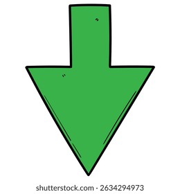 Hand drawn cartoon green arrow pointing down isolated on white background. Vector illustration.