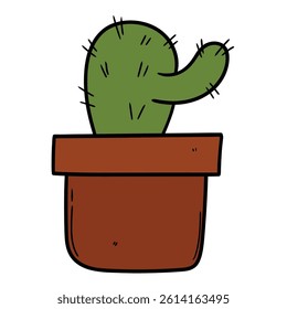 Hand drawn cartoon green cactus in brown pot isolated on white background. Vector illustration.
