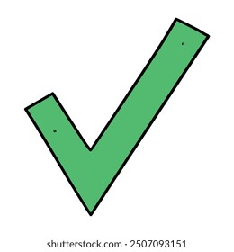 Hand drawn cartoon green check mark isolated on white background. Vector illustration.