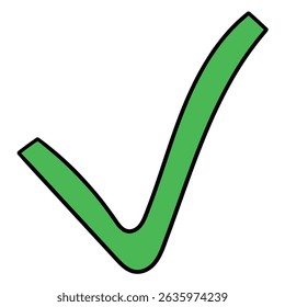 Hand drawn cartoon green check mark isolated on white background. Vector illustration.