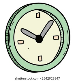Relógio desenhado à mão verde desenho animado isolado no fundo branco. Prazo final, negócios. Ilustração vetorial.