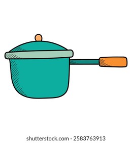 Hand drawn cartoon green cooking pot isolated on white background. Vector illustration.