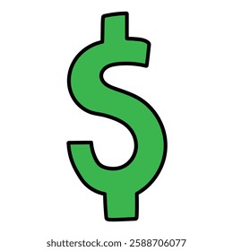 Hand drawn cartoon green dollar sign isolated on white background. Vector illustration.