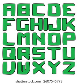 Hand drawn cartoon green english alphabet isolated on white background. Vector illustration.