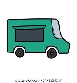 Hand drawn cartoon green food truck isolated on a white background. Vector illustration.