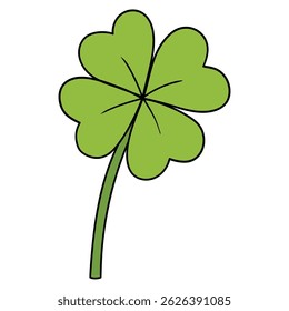 Hand drawn cartoon green four leaf clover isolated on white background. Vector illustration.
