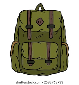 Hand drawn cartoon green hiking backpack isolated on white background. Vector illustration.