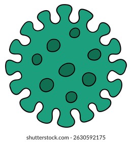 Hand drawn cartoon green microbe or virus isolated on white background. Vector illustration.