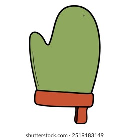 Hand drawn cartoon green oven mitt isolated on white background. Vector illustration.