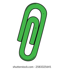 Hand drawn cartoon green paper clip isolated on white background. Vector illustration.