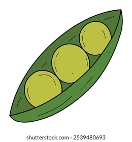 Hand drawn cartoon green pea pod isolated on white background. Vector illustration.