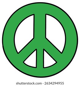 Hand drawn cartoon green peace symbol isolated on white background. Vector illustration.