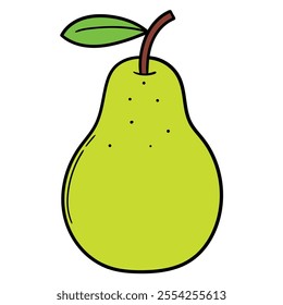 Hand drawn cartoon green pear with a leaf isolated on a white background. Vector illustration.