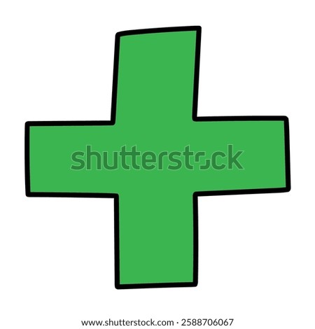 Hand drawn cartoon green plus sign isolated on white background. Vector illustration.