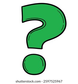Hand drawn cartoon green question mark isolated on white background. Vector illustration.