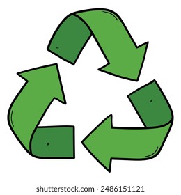 Hand drawn cartoon green recycle icon isolated on a white background. Vector illustration.