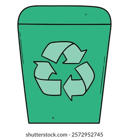 Hand drawn cartoon green recycling bin isolated on a white background. Vector illustration.