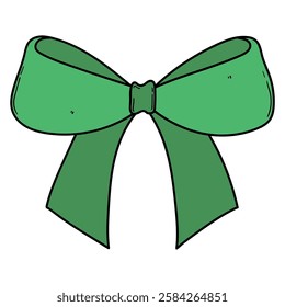Hand drawn cartoon green ribbon bow isolated on white background. Vector illustration.