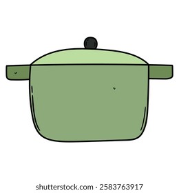 Hand drawn cartoon green saucepan isolated on white background. Vector illustration.
