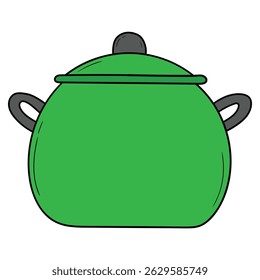 Hand drawn cartoon green saucepan isolated on white background. Vector illustration.
