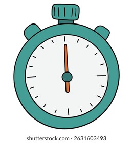 Hand drawn cartoon green stopwatch isolated on white background. Vector illustration.