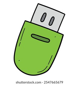 Desenhado à mão desenhos animados verde usb flash drive isolado no fundo branco. Ilustração vetorial.