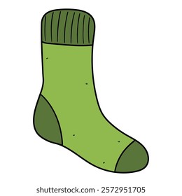 Hand drawn cartoon green warm sock isolated on white background. Vector illustration.