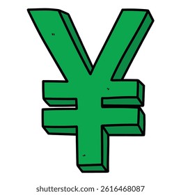Hand drawn cartoon green yen symbol isolated on white background. Vector illustration.