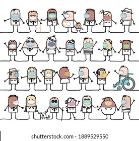 Hand drawn Cartoon group of mixed diversity people wearing protection masks