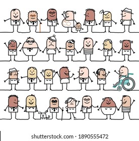 Hand drawn Cartoon group of mixed social and ethnically people