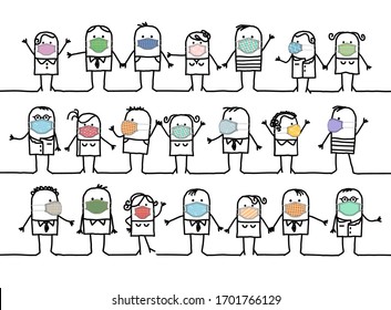 hand drawn Cartoon group of people wearing home-made colored protection masks