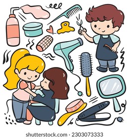 Hand drawn cartoon hairdresser and equipment