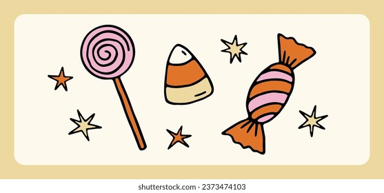 Hand drawn cartoon Halloween candies and lollipop. Cute vector elements for Halloween design, prints, poster. Charming festive illustration. Colored spooky elements. Flat art. Trick or Treat concept