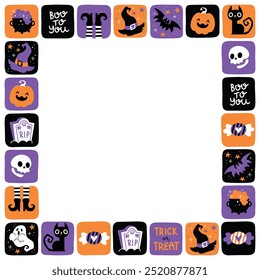 Hand drawn cartoon halloween frame with pumpkin, ghost, cat, sweets and scull. Colorful vector border template