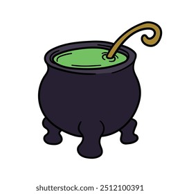 Hand drawn cartoon halloween potion cauldron isolated on white background. Vector illustration.