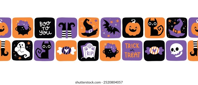 Dibujado a mano de dibujos animados de halloween sin patrón con calabaza, fantasma, gato, dulces y scull. Ilustración de fondo de Vector colorido para tela y papel de regalo de diseño o telón de fondo para imprimir.