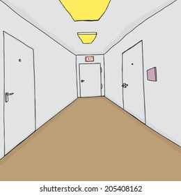 Hand drawn cartoon hallway with closed doors