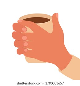Hand drawn cartoon hands holds a cup of hot drink. Close up vector illustration isolated on white background.