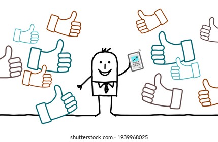 Hand drawn Cartoon Happy Businessman with many Like-signs on his Social Media