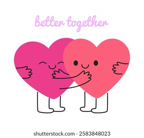 Hand drawn cartoon happy couple heart symbols, showing love and affection. Simple flat doodle style mascot for Valentine's Day, friendship, and relationship themes. Isolated vector illustration