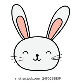 Hand drawn cartoon happy face of a rabbit or hare isolated on a white background. Vector illustration.