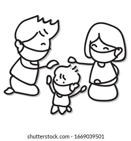 hand drawn cartoon happy family. Parents and child wear masks for protection during virus outbreak. Covid-19. quarantine. healthy. love concept. vector illustration esp10.