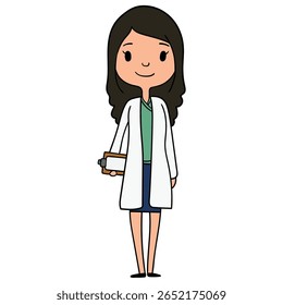 Mão desenhado desenho animado médico mulher feliz com prancheta isolado no fundo branco. Ilustração vetorial.